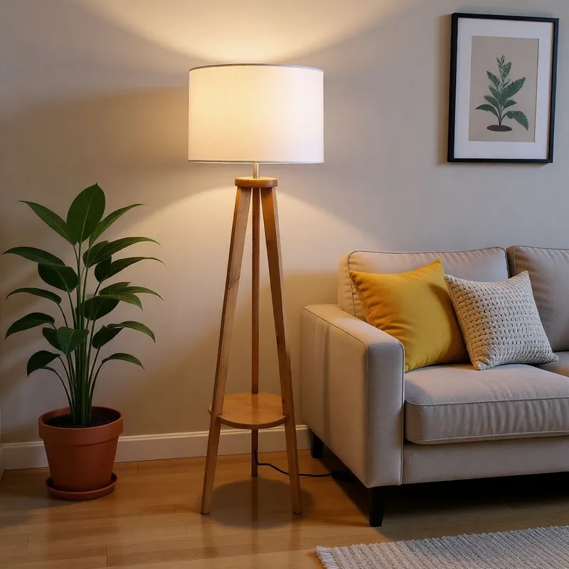 لمبادير خشبي أنيق بثلاثة أرجل ورف سفلي وغطاء قماشي موزع للإضاءة